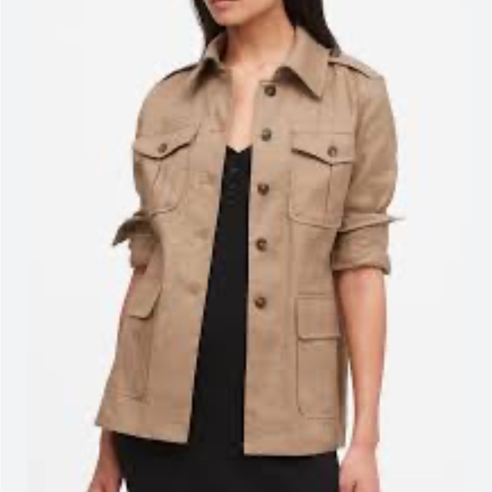 BANANA REPUBLIC Twill Utility Military Jacket Khaki Tan Womens Sz L NEW